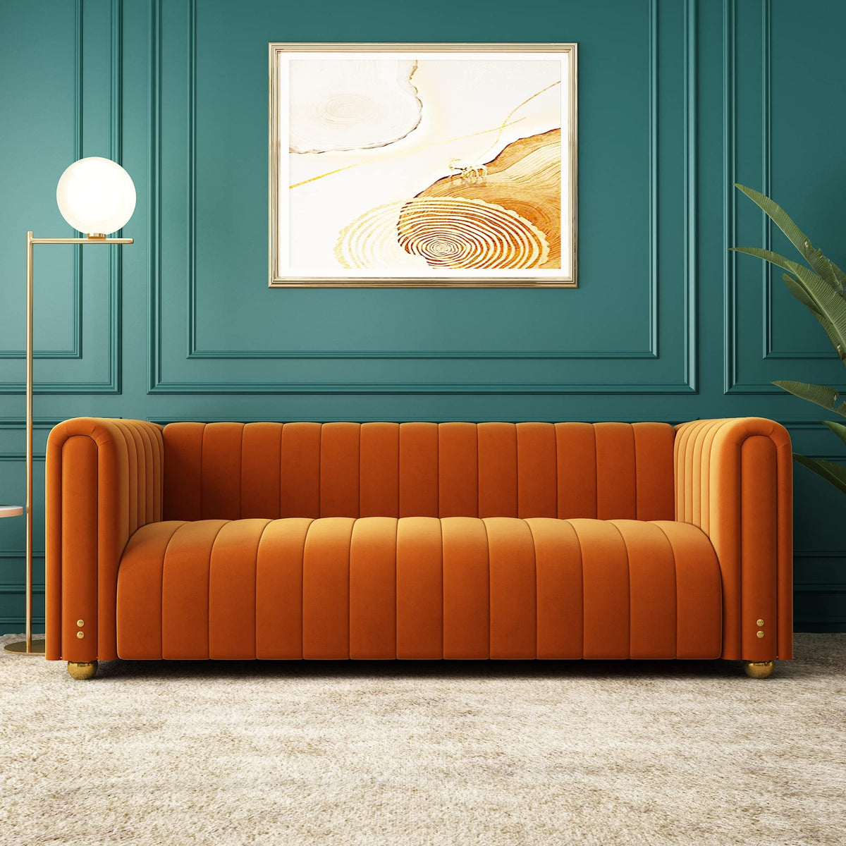 Orange Velvet Tufted 3-Seater Sofa K21970
