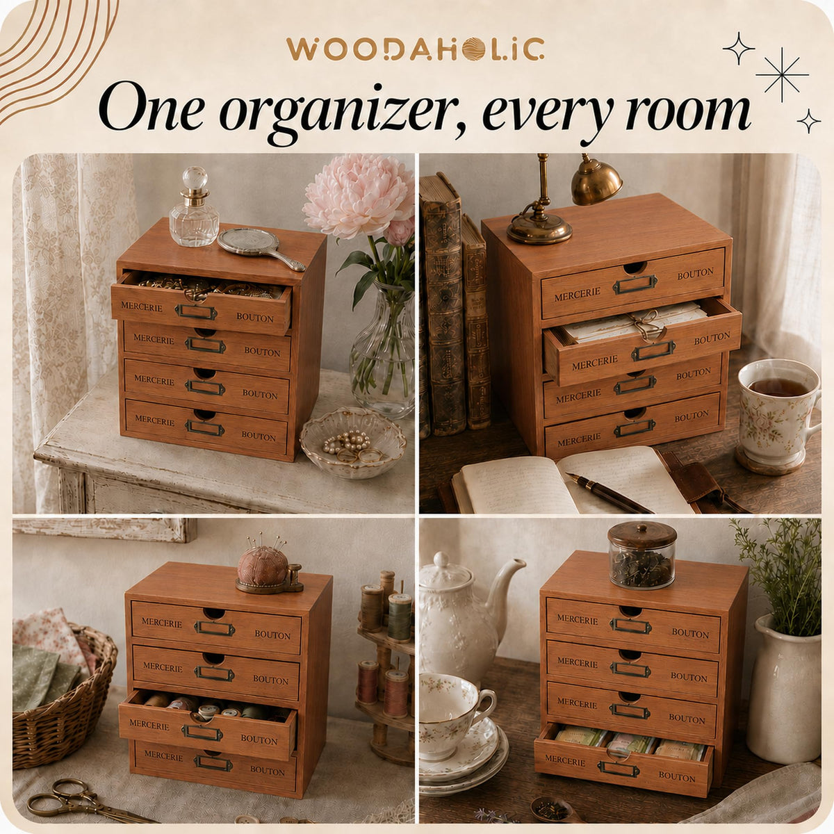 Modular Stackable 4 Drawer Wood Storage Box D22553