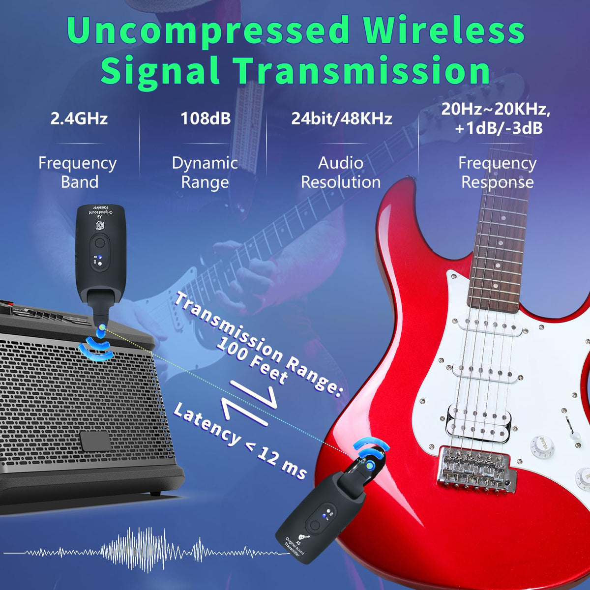 Wireless Guitar System 2.4GHz Transmitter and Receiver Black M8840
