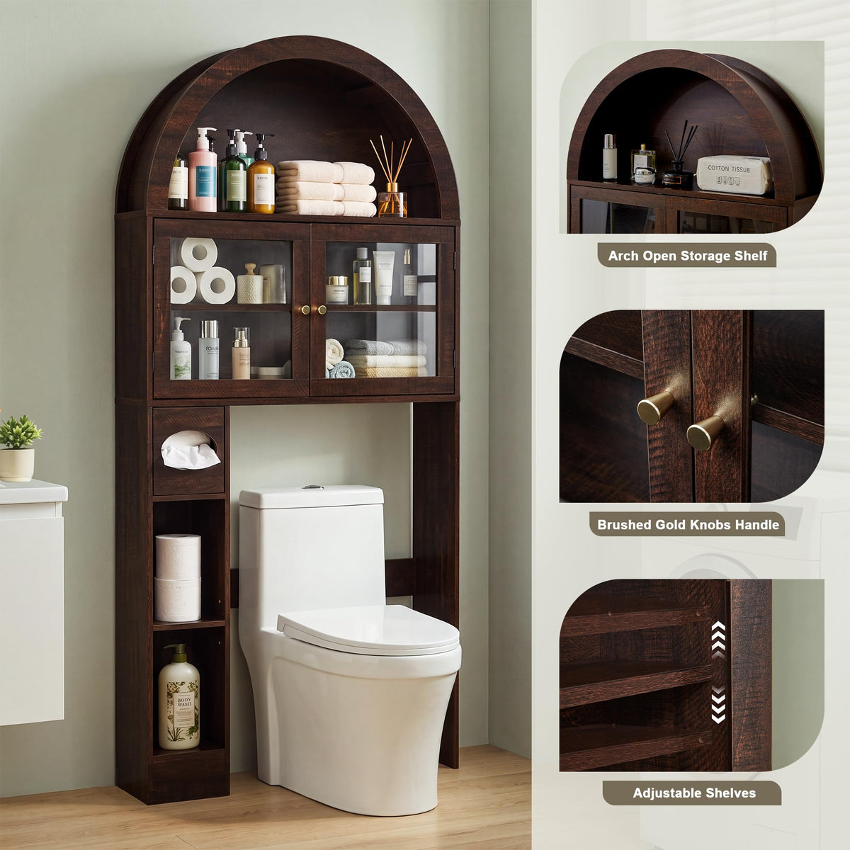 Over the Toilet Storage Cabinet with Arched Top, 68" Tall, Dark Walnut P648