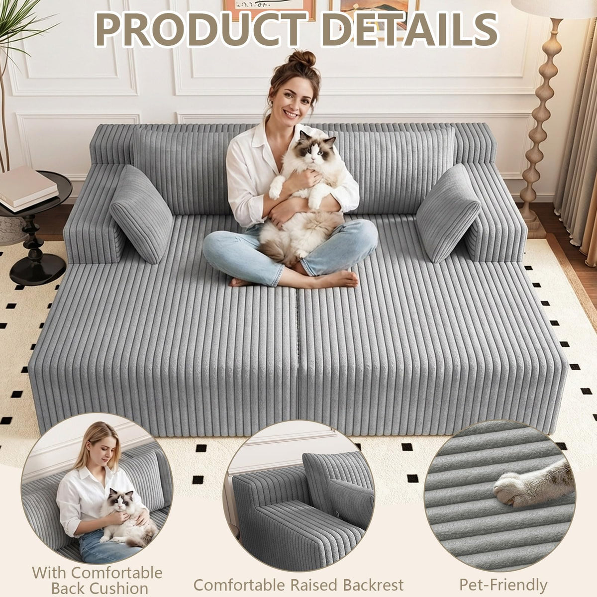 Oversized Corduroy Double Chaise Lounge with 4 Pillow S3220