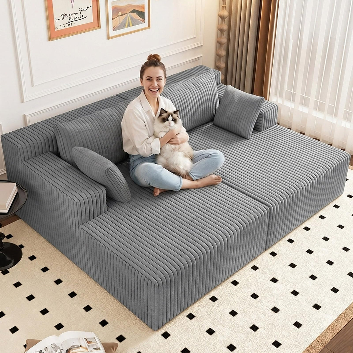 Oversized Corduroy Double Chaise Lounge with 4 Pillow S3220