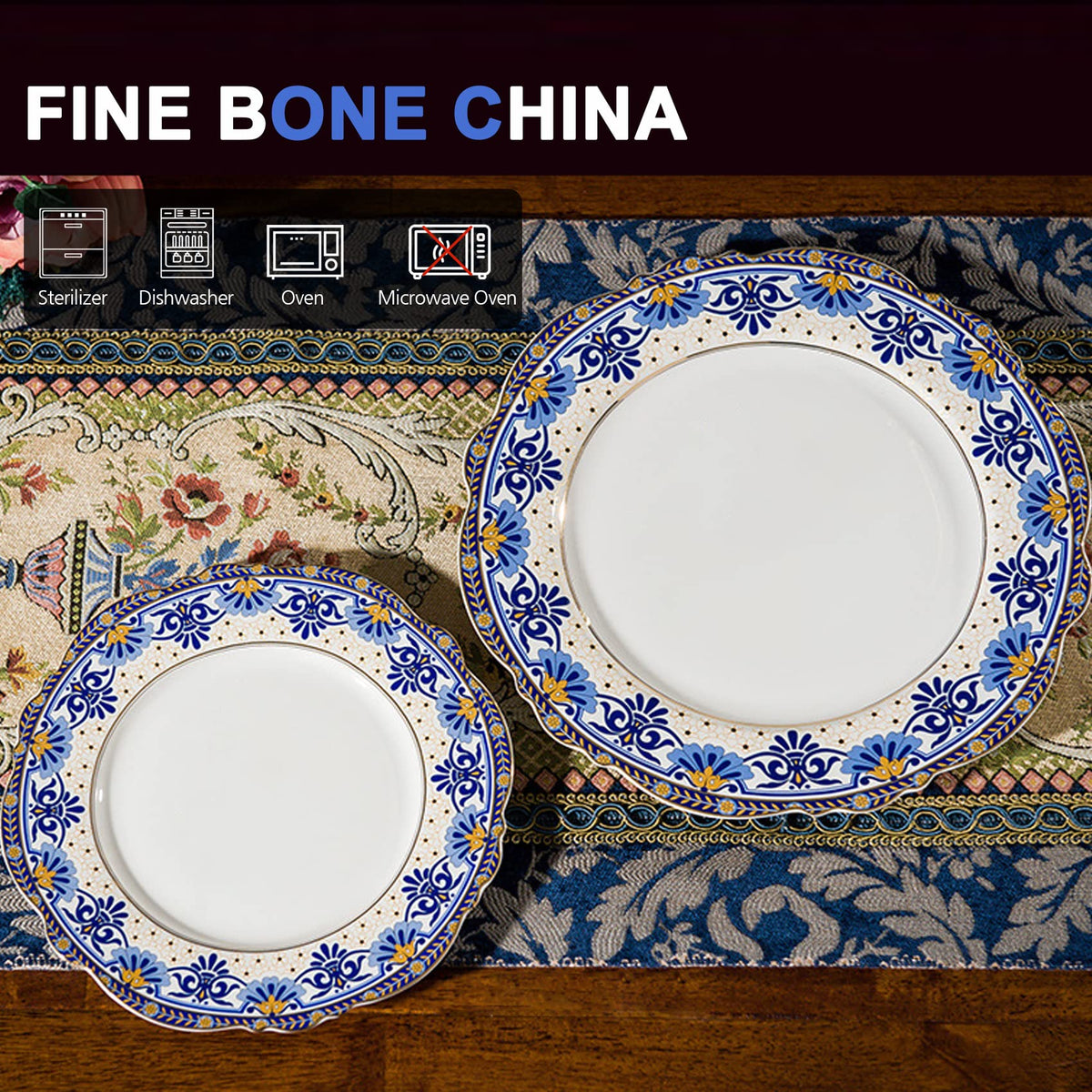 Tea Coffee Cup and Saucer Set, Bone China Dinnerware Set for 4, Blue and White O3804