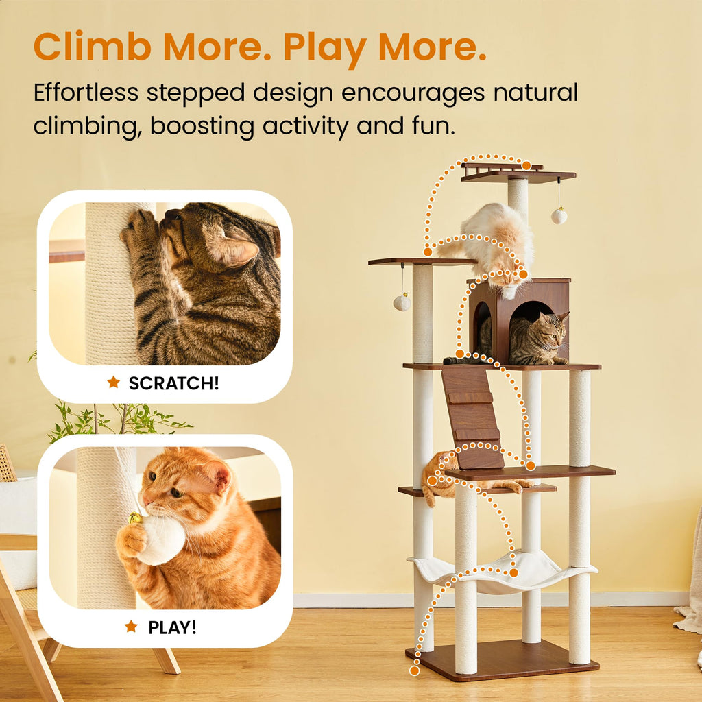 70 inch Tall Multi-Level Cat Tree with Scratching Posts, Perches, Hammock & Pad D762