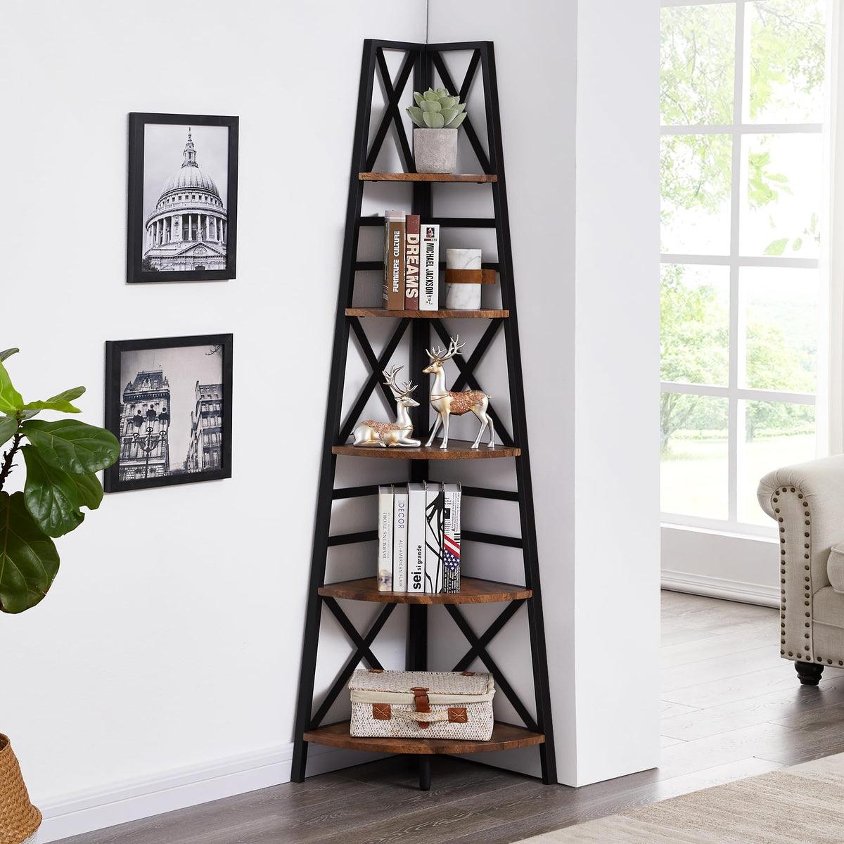 5 Tier 72 Inch Tall Corner Bookshelf M125