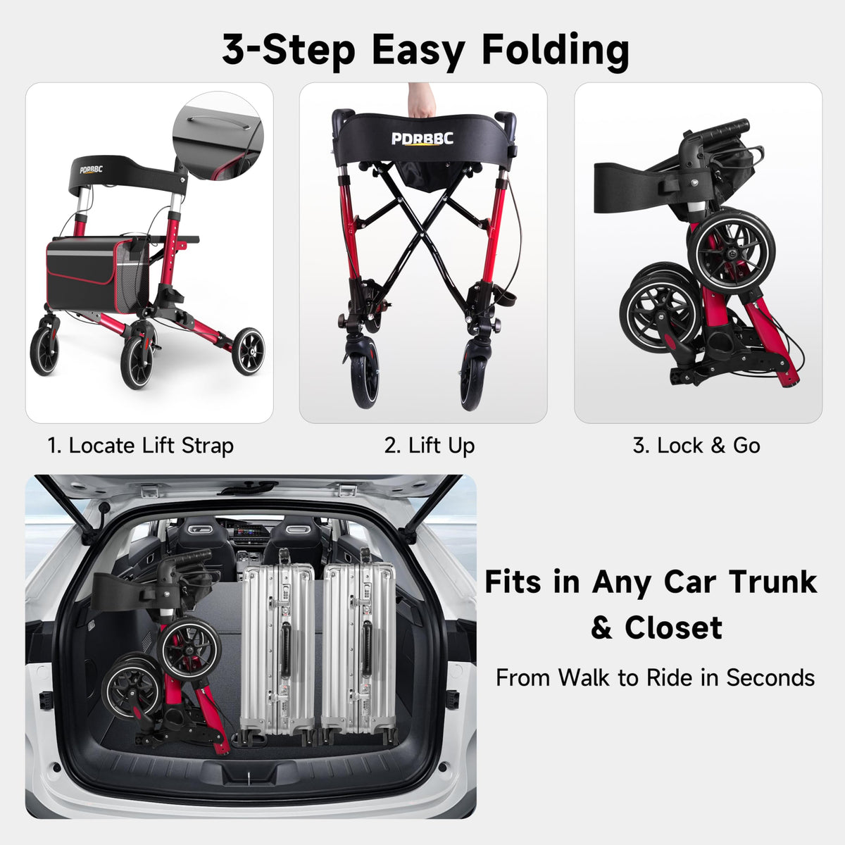 Red Foldable Lightweight Aluminum Rollator Walker with Seat and Brakes M188
