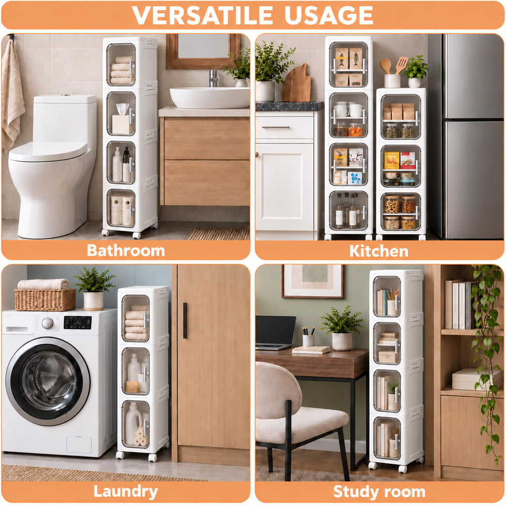 Narrow Slim 2-Tier White Bathroom Storage Cabinet with Wheels F733