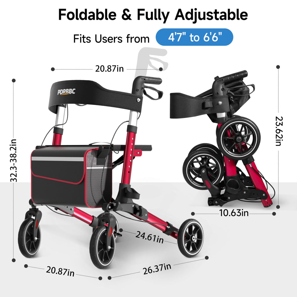 Red Foldable Lightweight Aluminum Rollator Walker with Seat and Brakes M188