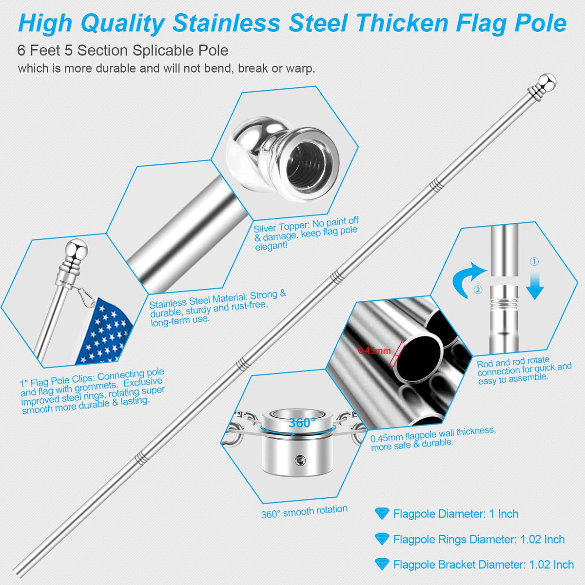 Silver 6 FT Metal Flagpole Kit and 304 Stainless Steel Flagpole Clips U3576