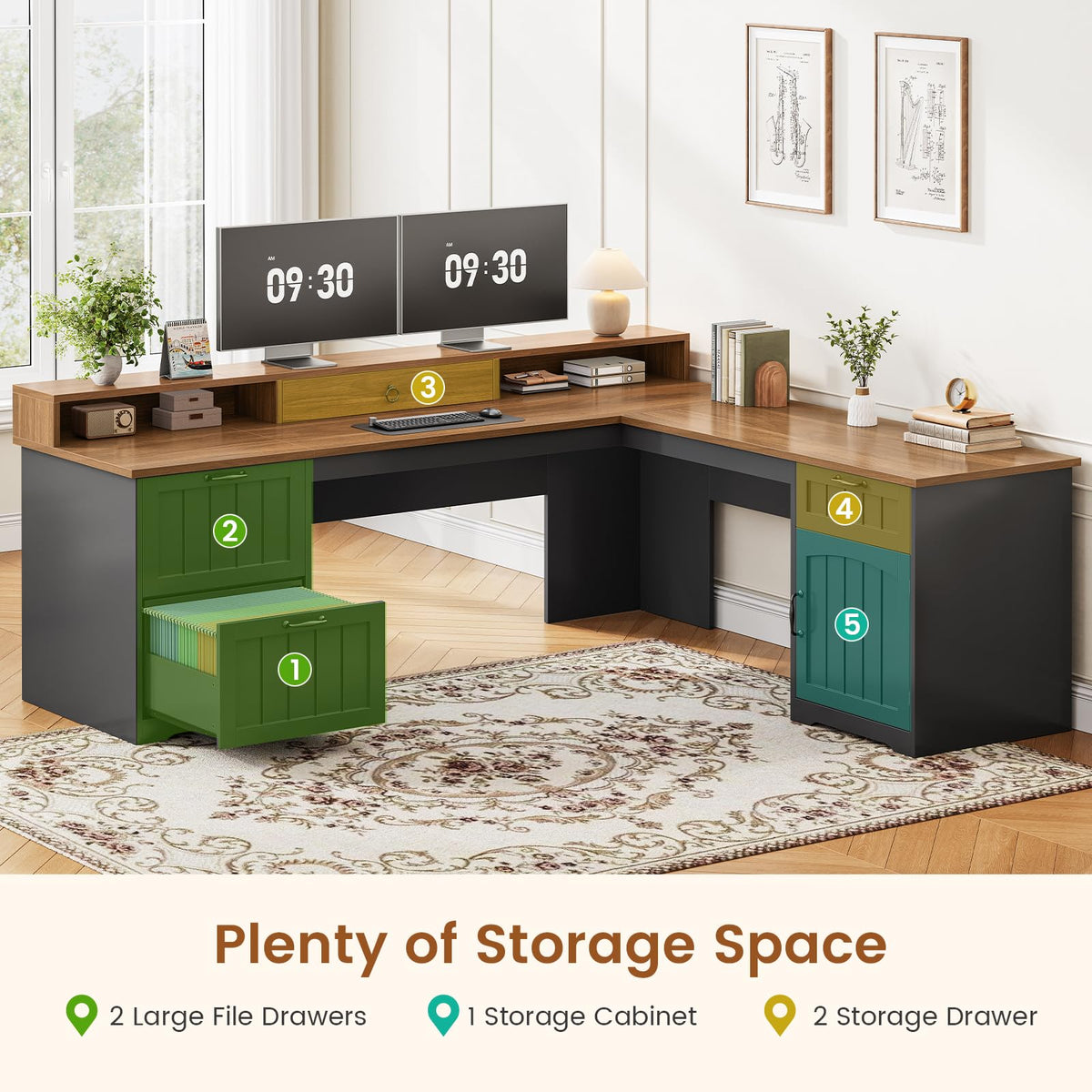 63" L Shaped Desk with Drawers and Storage Cabinet O614398