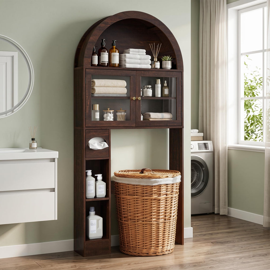 Over the Toilet Storage Cabinet with Arched Top, 68" Tall, Dark Walnut P648