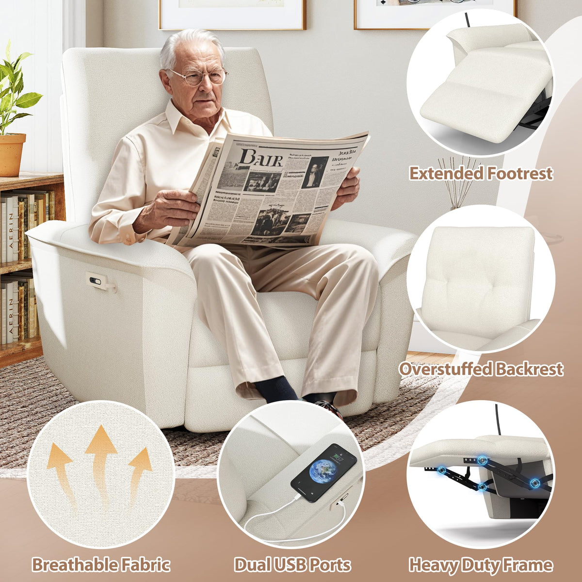 Power Swivel Rocker Recliner Chair with Phone Holder and USB Ports I275