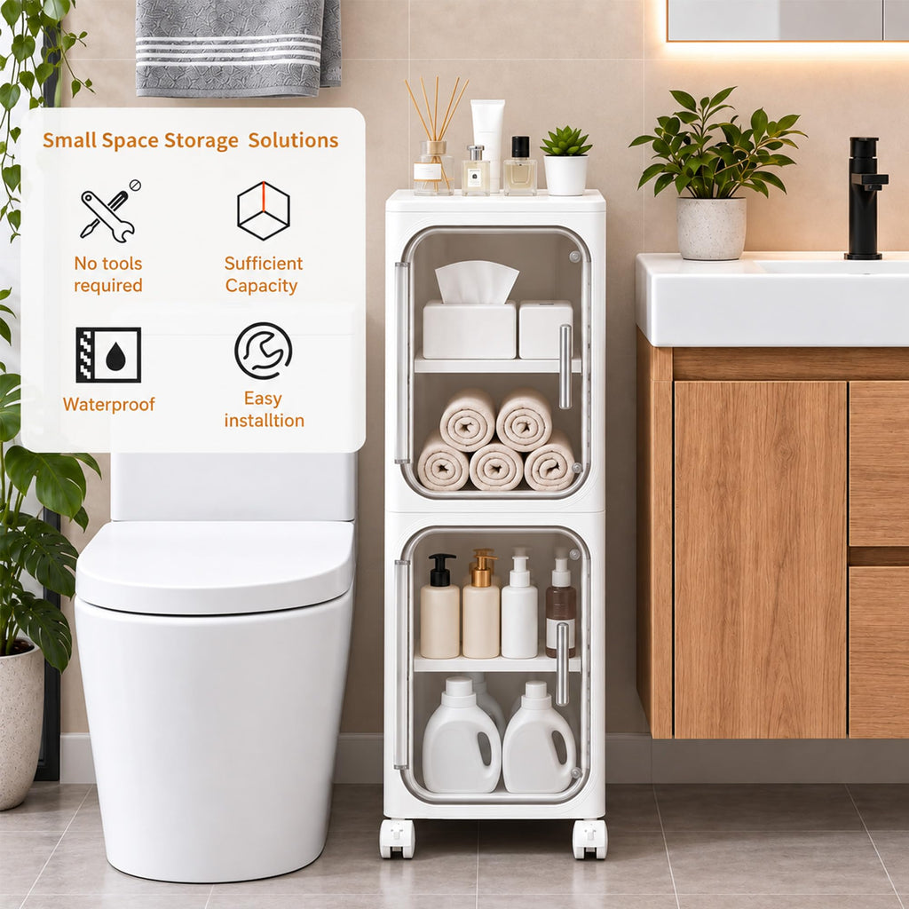 Narrow Slim 2-Tier White Bathroom Storage Cabinet with Wheels F733
