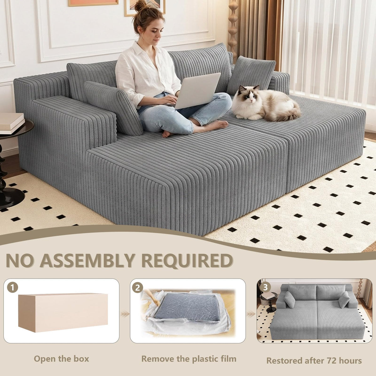 Oversized Corduroy Double Chaise Lounge with 4 Pillow S3220