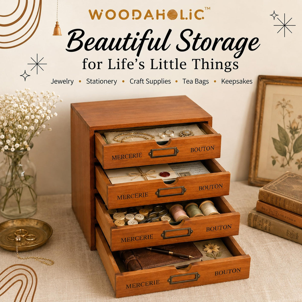 Modular Stackable 4 Drawer Wood Storage Box D22553