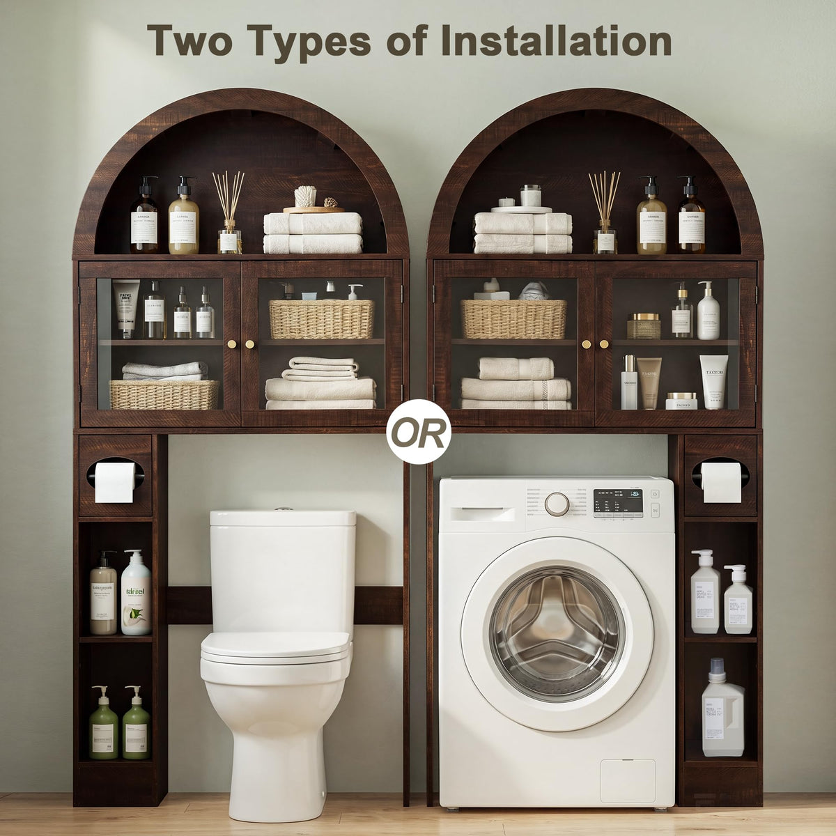 Over the Toilet Storage Cabinet with Arched Top, 68" Tall, Dark Walnut P648