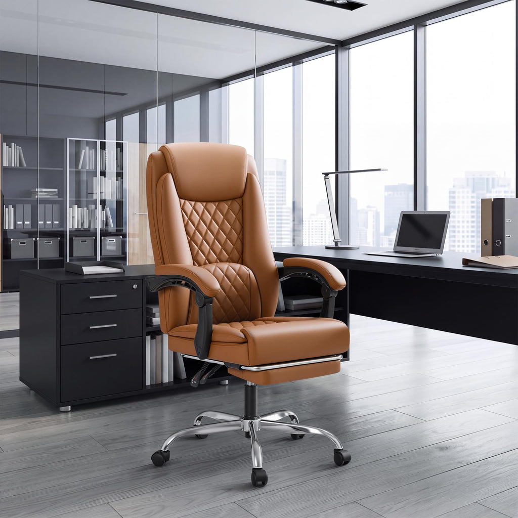 Brown Leather Ergonomic High Back Office Chair with Footrest F41517