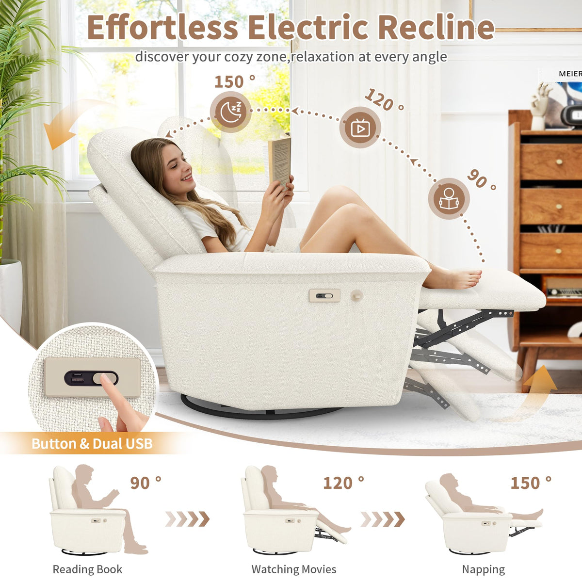 Power Swivel Rocker Recliner Chair with Phone Holder and USB Ports I275