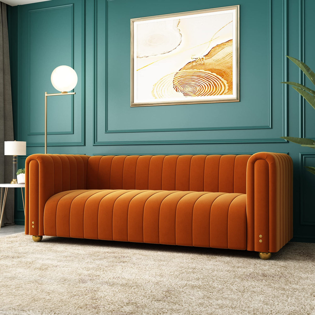 Orange Velvet Tufted 3-Seater Sofa K21970