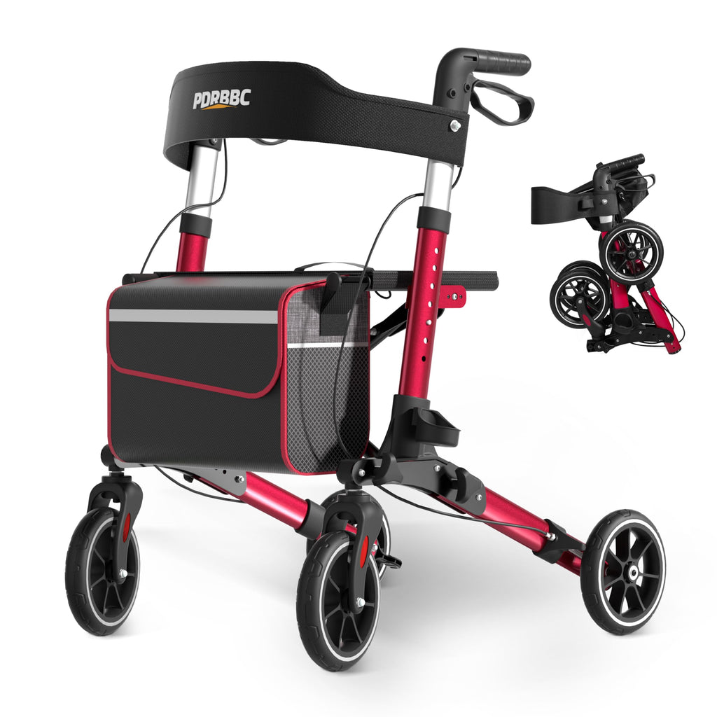 Red Foldable Lightweight Aluminum Rollator Walker with Seat and Brakes M188