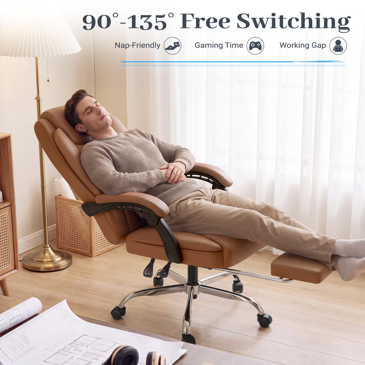 Brown Leather Ergonomic High Back Office Chair with Footrest F41517