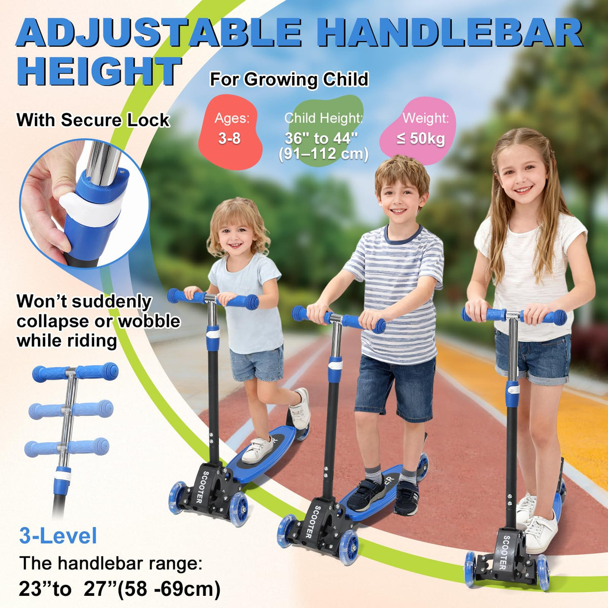Light up 3 Wheels Folding Kick Scooter with Adjustable Handlebar C4140