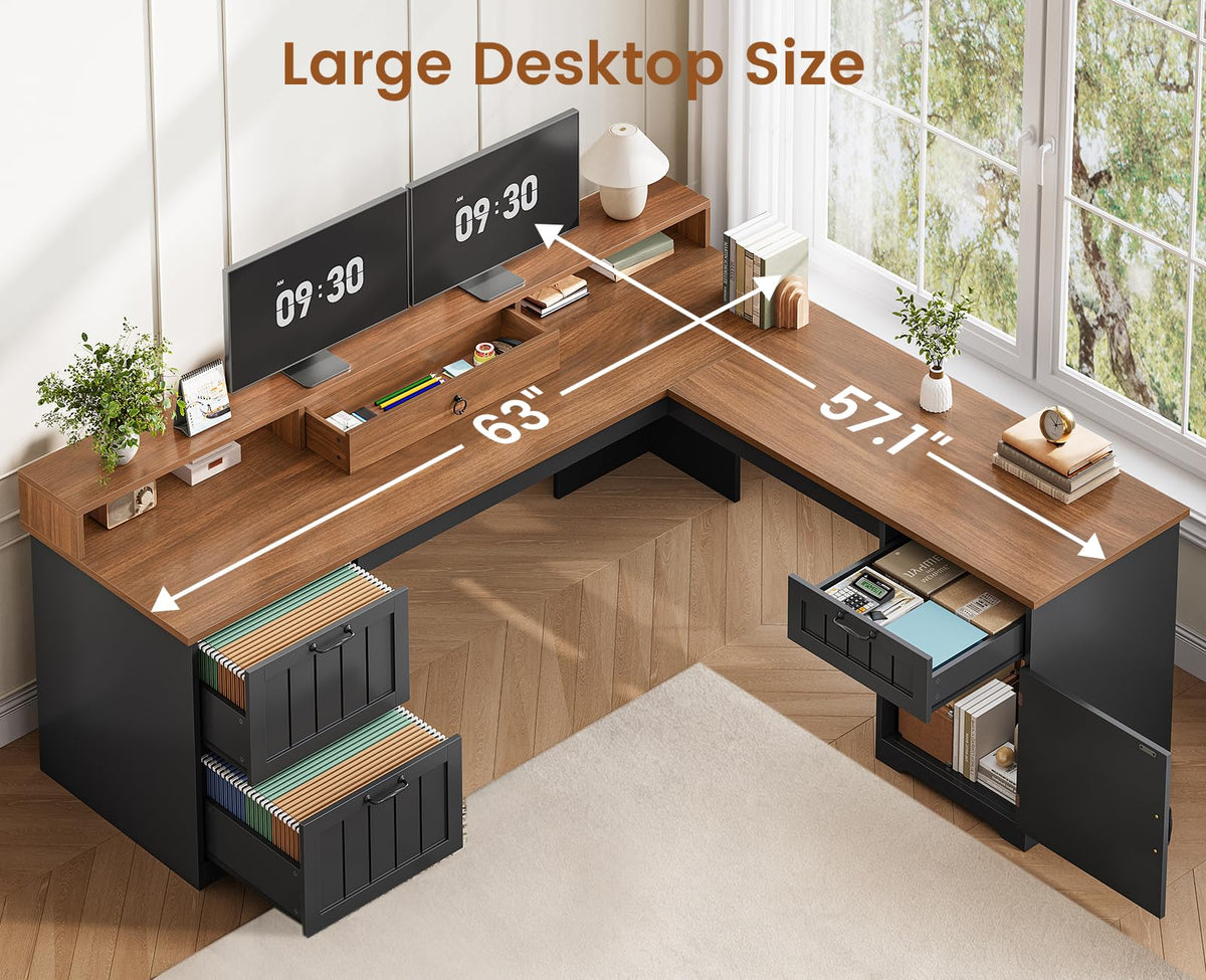63" L Shaped Desk with Drawers and Storage Cabinet O614398
