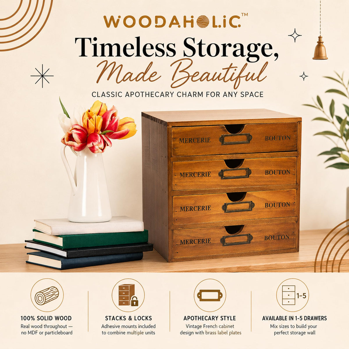 Modular Stackable 4 Drawer Wood Storage Box D22553