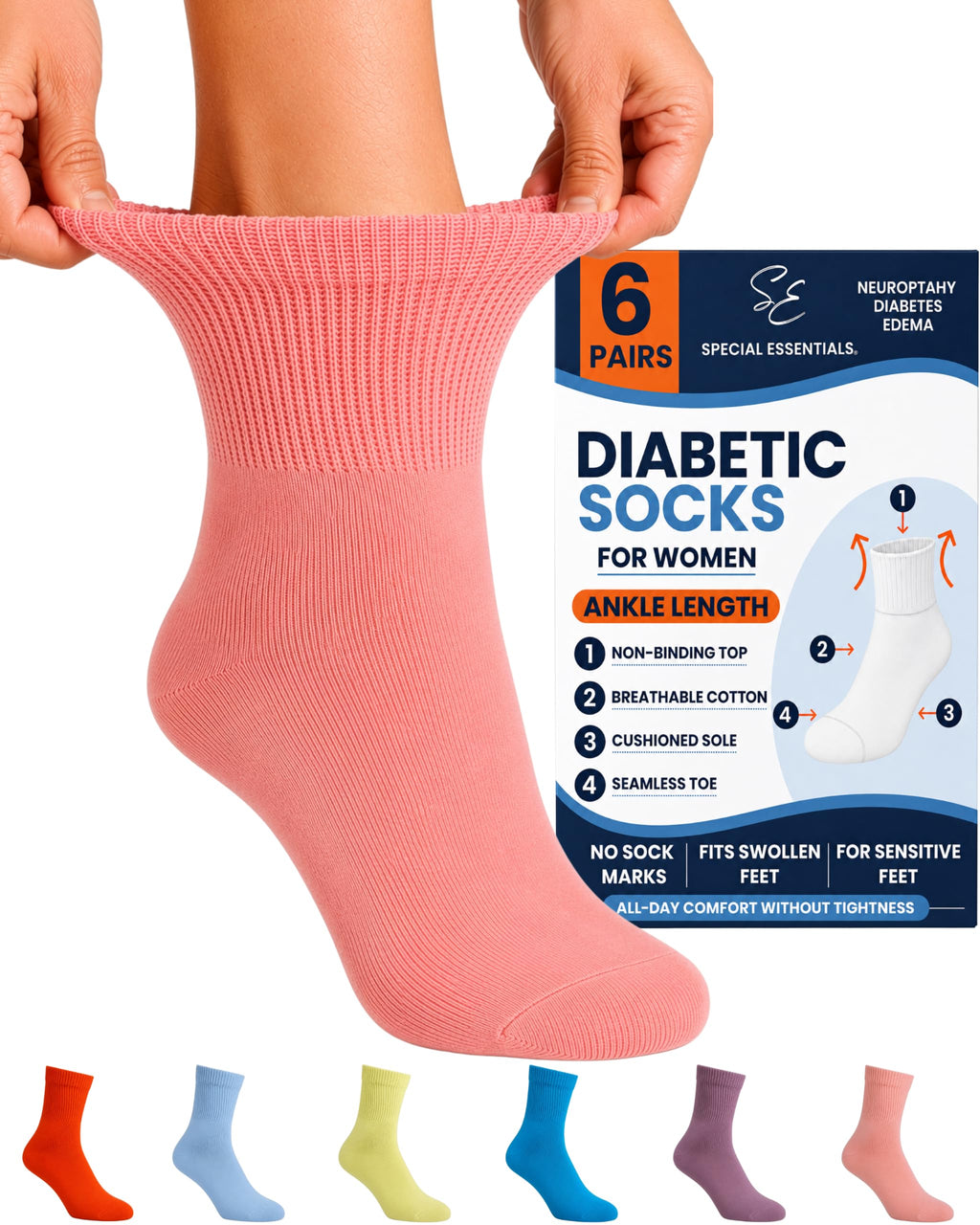 Women's Diabetic Ankle Socks, 6 Pairs, Non-Binding P478