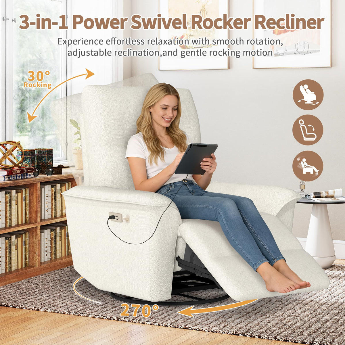 Power Swivel Rocker Recliner Chair with Phone Holder and USB Ports I275