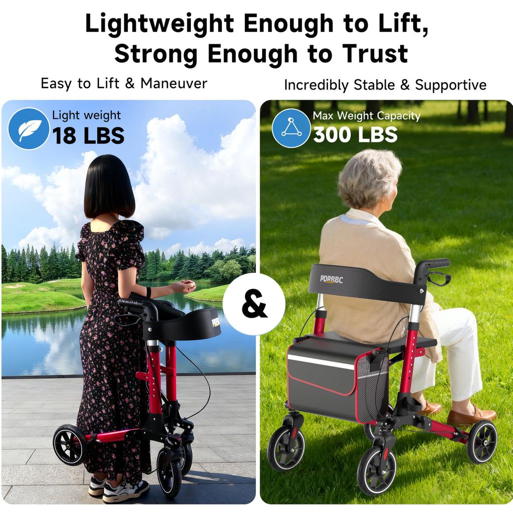 Red Foldable Lightweight Aluminum Rollator Walker with Seat and Brakes M188