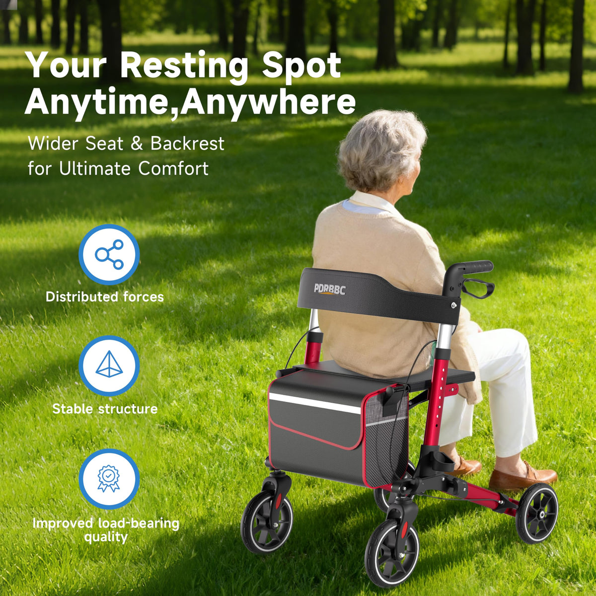 Red Foldable Lightweight Aluminum Rollator Walker with Seat and Brakes M188
