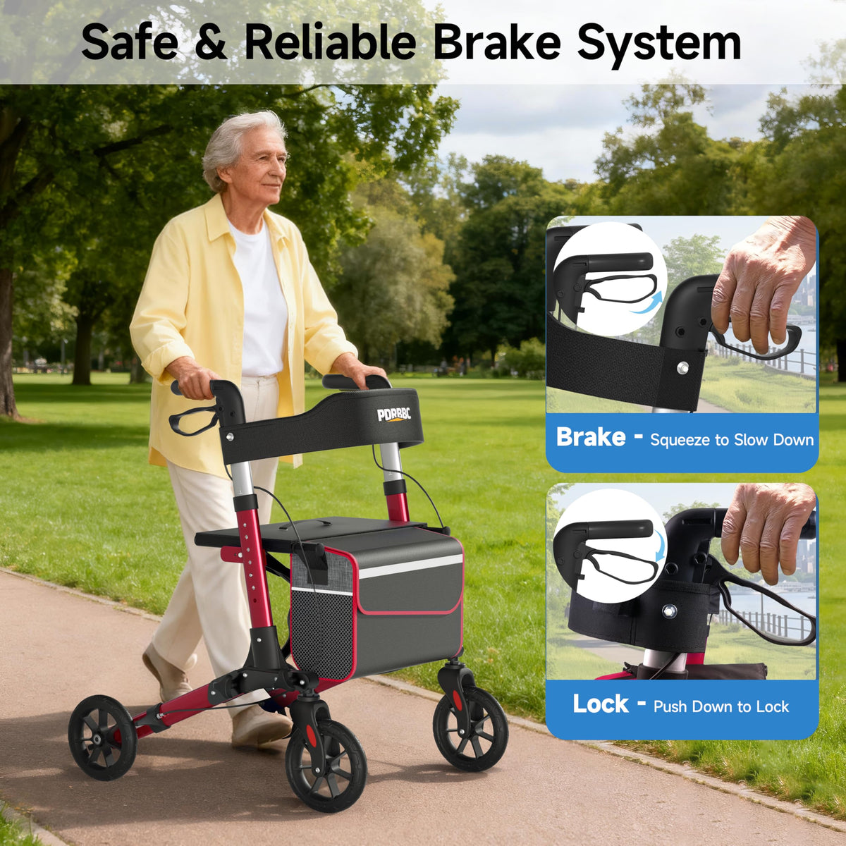 Red Foldable Lightweight Aluminum Rollator Walker with Seat and Brakes M188