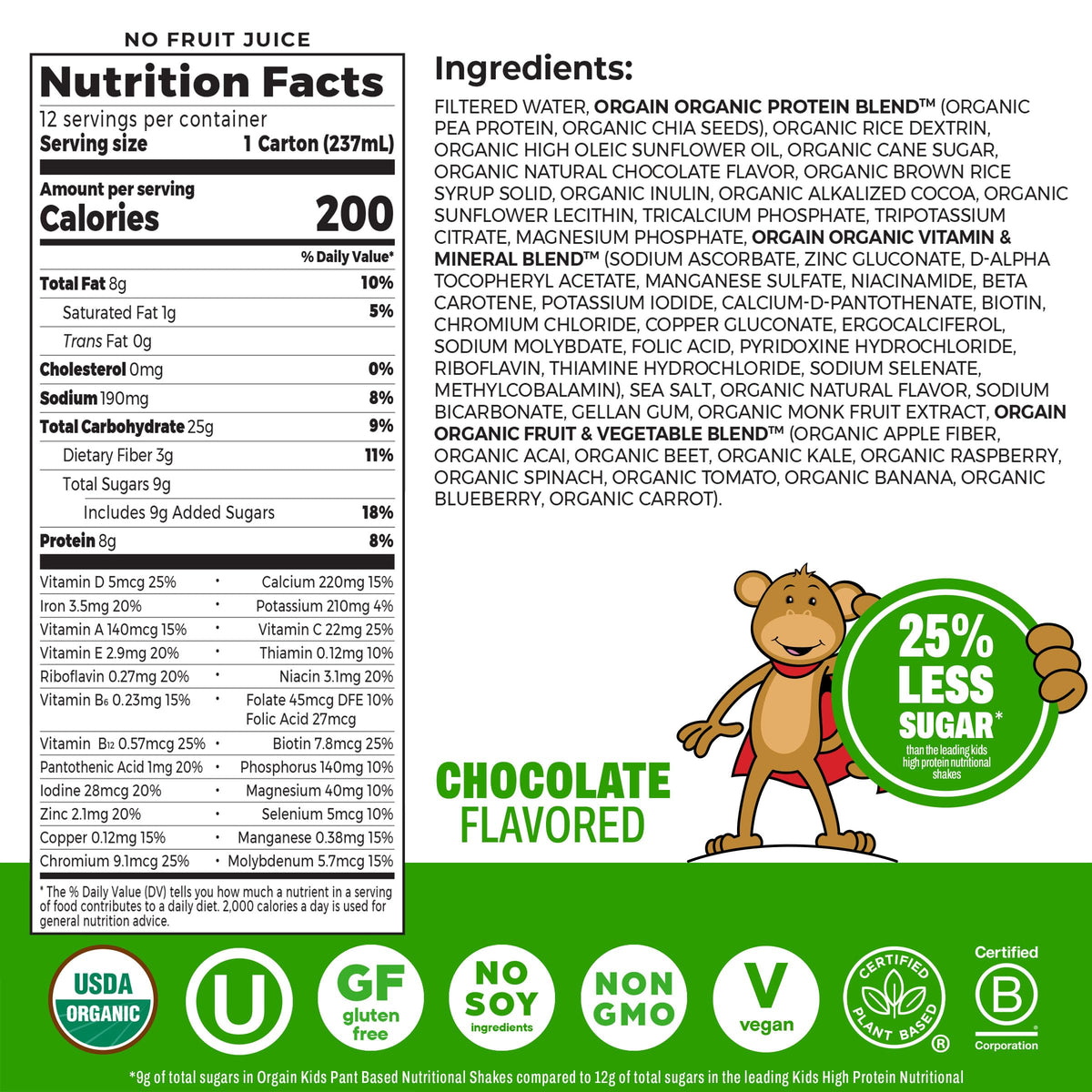 Organic Vegan Kids Protein Shakes Chocolate 8 Fl Oz 12 Pack W207803